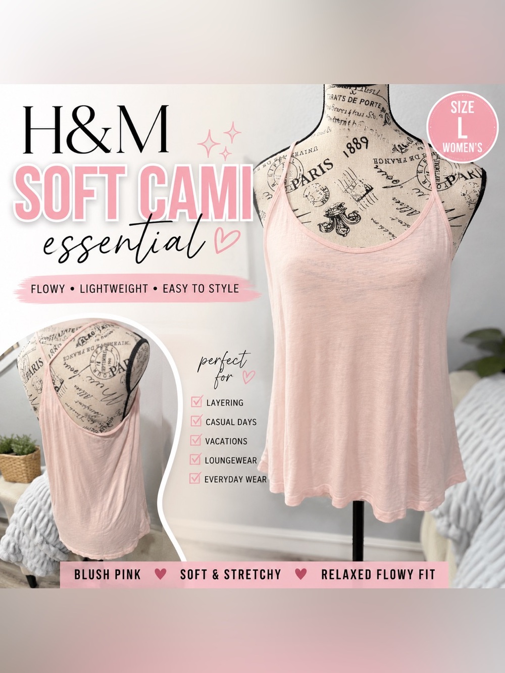 H&M Women’s Large Blush Pink Flowy Cami Tank Top | Lightweight Spaghetti Strap